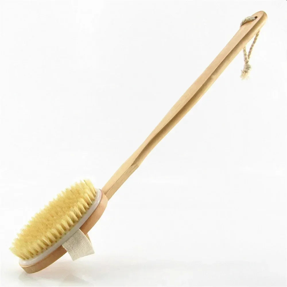 Brosse de douche à laver le dos à poils naturels avec longue poignée en bois détachable Peau sèche Gommage Massage corporel Brosses de bain