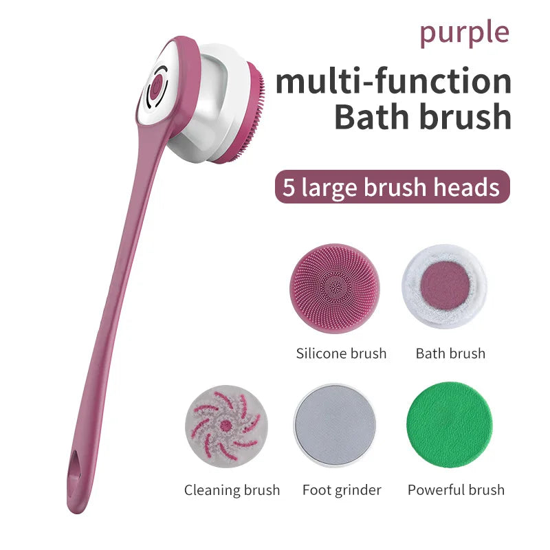 Brosse de bain électrique 5 en 1 IPX7 Épurateur corporel à longue poignée imperméable 3 vitesses Brosse de massage de nettoyage de douche rechargeable à 3 vitesses
