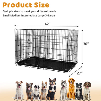 42 Inch Jaula Para Perro, Jaulas Y Perreras Plegables Grandes Para Perros Grandes Con Asa, Jaula Para Perro De Alambre Metálico De Doble Puerta Para Exteriores Con Bandeja De Plástico Para Perros Medianos, Negro