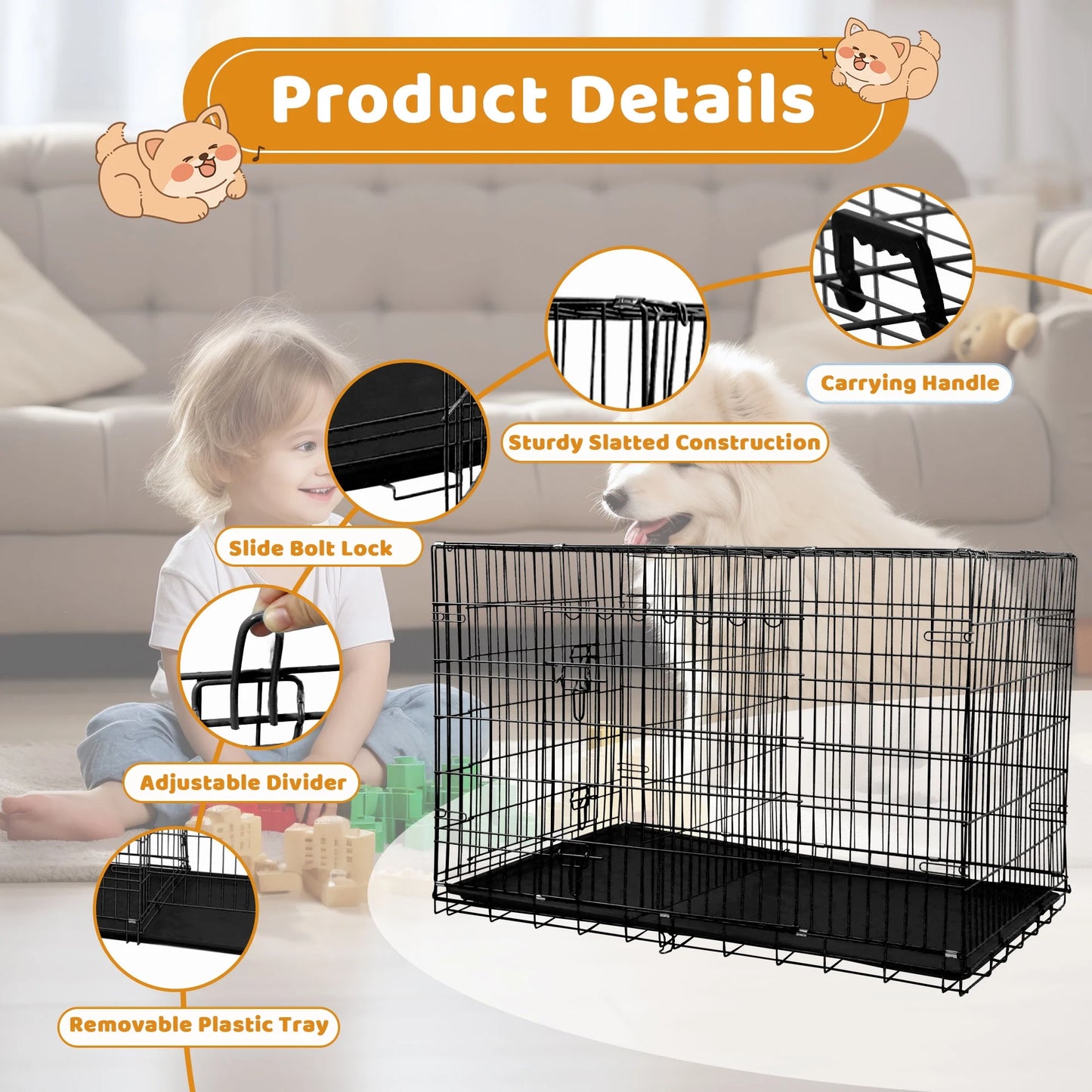 42 Inch Jaula Para Perro, Jaulas Y Perreras Plegables Grandes Para Perros Grandes Con Asa, Jaula Para Perro De Alambre Metálico De Doble Puerta Para Exteriores Con Bandeja De Plástico Para Perros Medianos, Negro