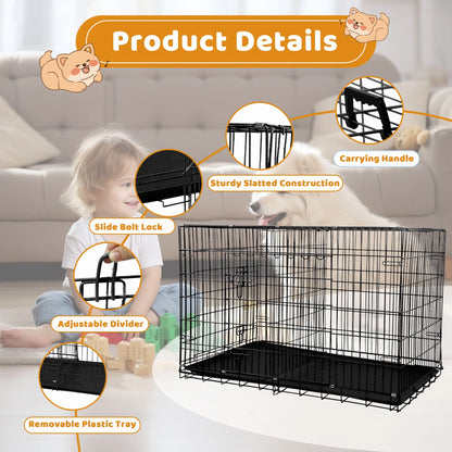 42 Inch Jaula Para Perro, Jaulas Y Perreras Plegables Grandes Para Perros Grandes Con Asa, Jaula Para Perro De Alambre Metálico De Doble Puerta Para Exteriores Con Bandeja De Plástico Para Perros Medianos, Negro