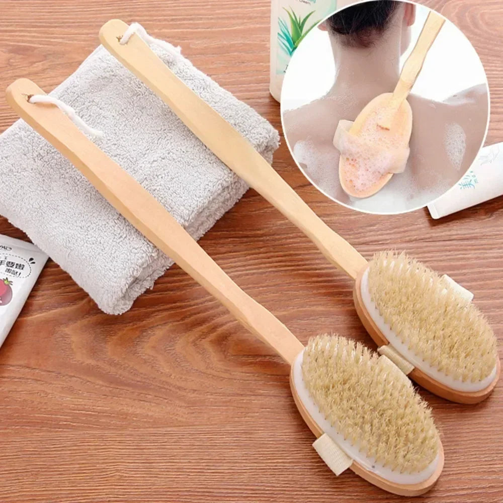 Brosse de douche à laver le dos à poils naturels avec longue poignée en bois détachable Peau sèche Gommage Massage corporel Brosses de bain
