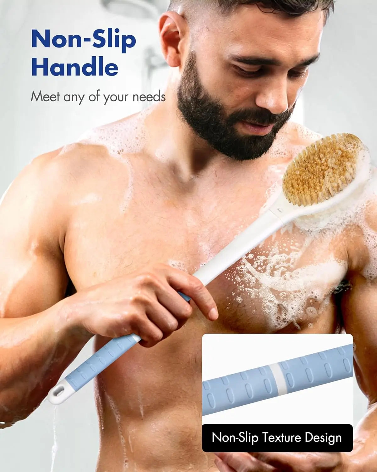 Back Scrubber Body Shower Brus Anti Slip Brosse de bain à longue poignée avec poils doux rigides Douche Exfoliant Brosse humide à sec