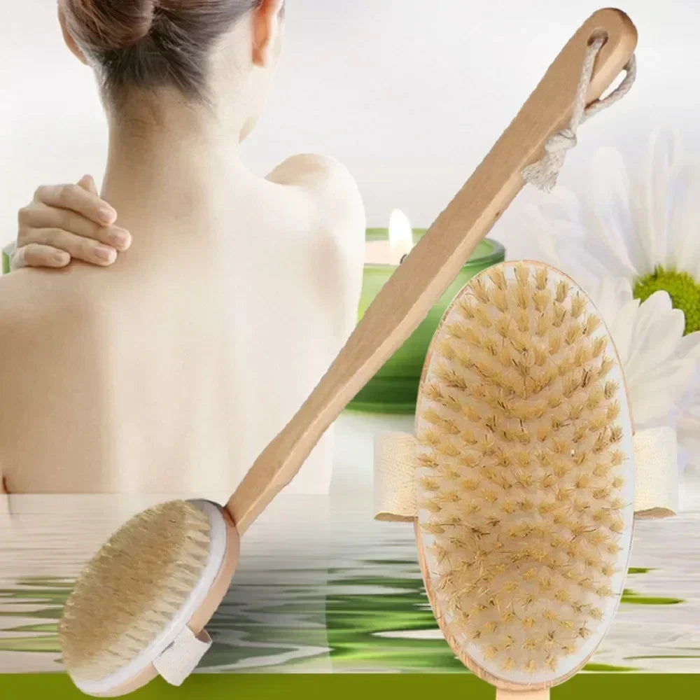Brosse de douche à laver le dos à poils naturels avec longue poignée en bois détachable Peau sèche Gommage Massage corporel Brosses de bain