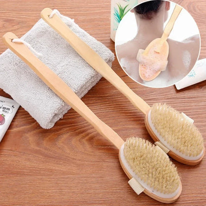 Brosse de douche à laver le dos à poils naturels avec longue poignée en bois détachable Peau sèche Gommage Massage corporel Brosses de bain