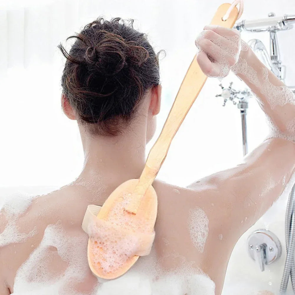 Brosse de douche à laver le dos à poils naturels avec longue poignée en bois détachable Peau sèche Gommage Massage corporel Brosses de bain