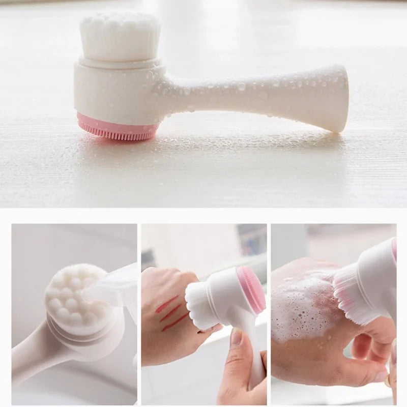 Brosse de nettoyage du visage en silicone double 3D Massage manuel Brosse faciale Exfoliante à poils doux Brosse de lavage du visage double face
