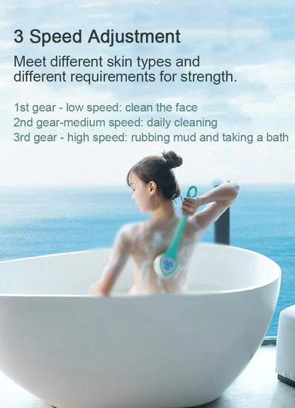 Brosse de bain électrique Nettoyage de douche Brosse de massage du corps Brosse de spa à rotation multifonctionnelle Étanche Long Handle Back Rubbing