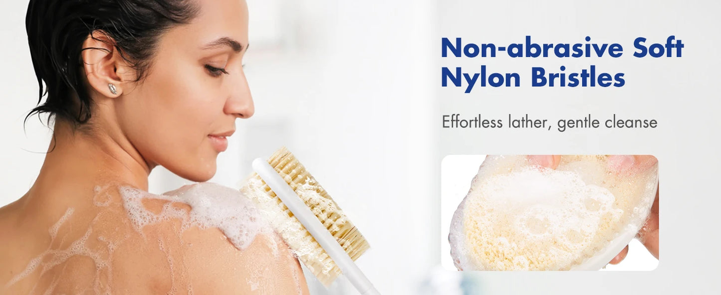 Back Scrubber Body Shower Brus Anti Slip Brosse de bain à longue poignée avec poils doux rigides Douche Exfoliant Brosse humide à sec