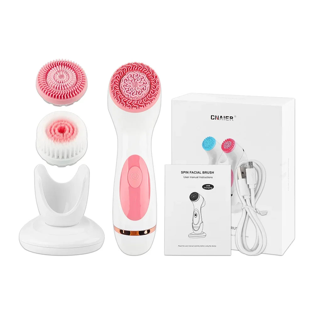 Brosse de nettoyage électrique 3 en 1 Nettoyant pour le visage à ultrasons Masseurs pour le visage Brosse de nettoyage rotative sonique Outil de nettoyage en profondeur pour le visage