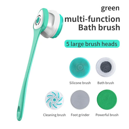 Brosse de bain électrique 5 en 1 IPX7 Épurateur corporel à longue poignée imperméable 3 vitesses Brosse de massage de nettoyage de douche rechargeable à 3 vitesses