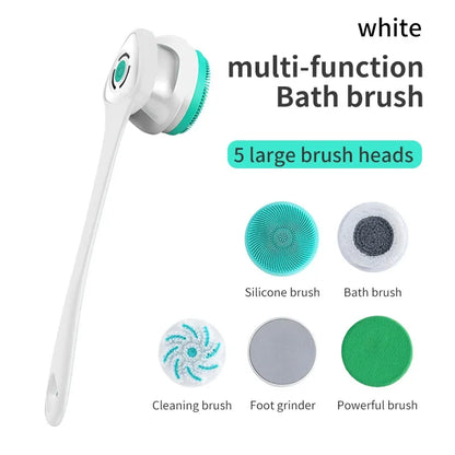Brosse de bain électrique 5 en 1 IPX7 Épurateur corporel à longue poignée imperméable 3 vitesses Brosse de massage de nettoyage de douche rechargeable à 3 vitesses