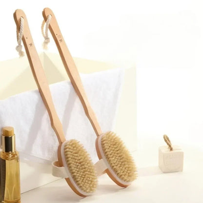 Brosse de douche à laver le dos à poils naturels avec longue poignée en bois détachable Peau sèche Gommage Massage corporel Brosses de bain