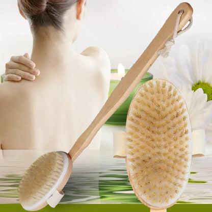 Brosse de douche à laver le dos à poils naturels avec longue poignée en bois détachable Peau sèche Gommage Massage corporel Brosses de bain