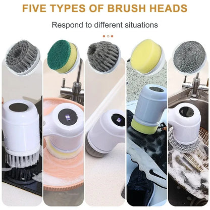 Brosse de nettoyage électrique Laveur électrique Brosse de nettoyage sans fil pour salle de bain Laveur électrique avec 5 têtes de brosse remplaçables