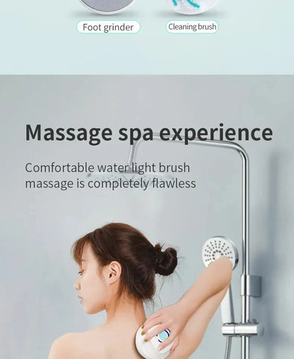 Brosse de bain électrique 5 en 1 IPX7 Épurateur corporel à longue poignée imperméable 3 vitesses Brosse de massage de nettoyage de douche rechargeable à 3 vitesses