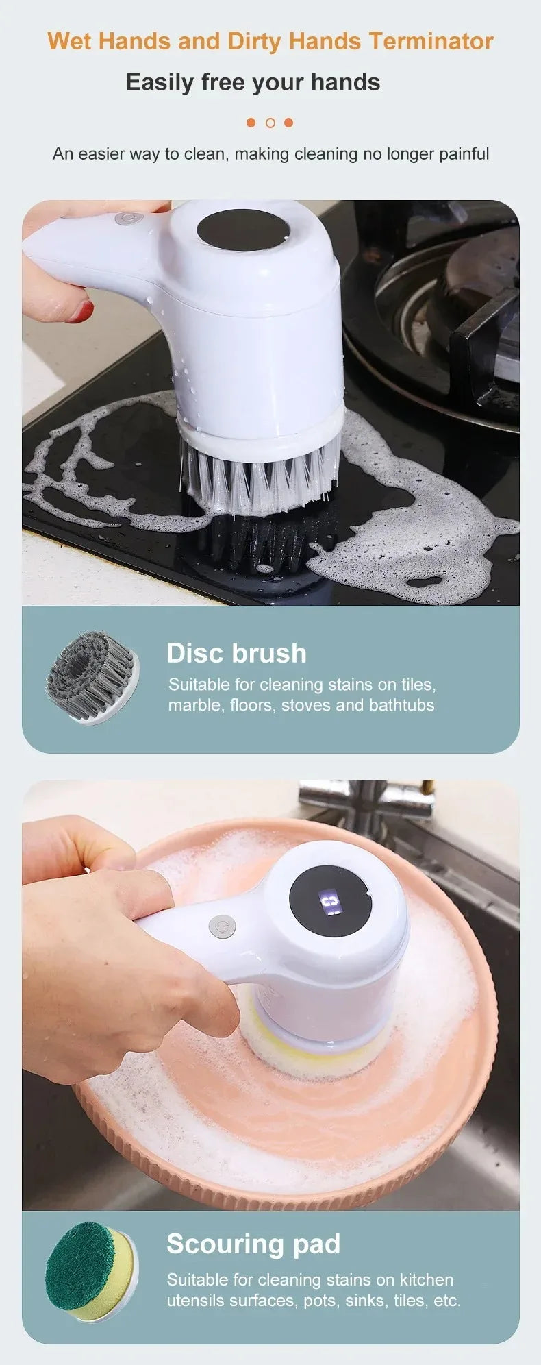Brosse de nettoyage électrique Laveur électrique Brosse de nettoyage sans fil pour salle de bain Laveur électrique avec 5 têtes de brosse remplaçables