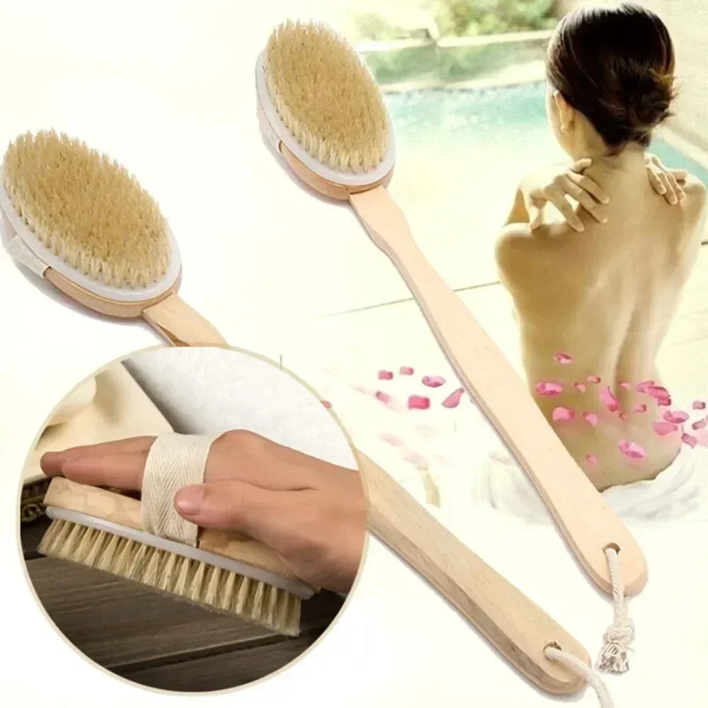Brosse de douche à laver le dos à poils naturels avec longue poignée en bois détachable Peau sèche Gommage Massage corporel Brosses de bain