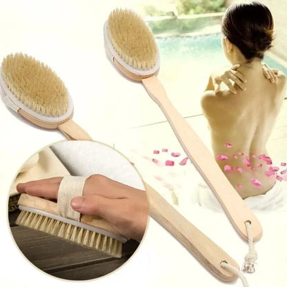 Brosse de douche à laver le dos à poils naturels avec longue poignée en bois détachable Peau sèche Gommage Massage corporel Brosses de bain