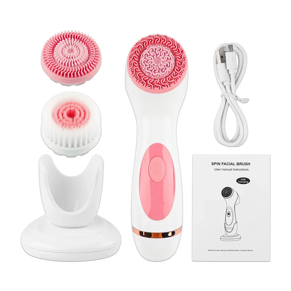Brosse de nettoyage électrique 3 en 1 Nettoyant pour le visage à ultrasons Masseurs pour le visage Brosse de nettoyage rotative sonique Outil de nettoyage en profondeur pour le visage