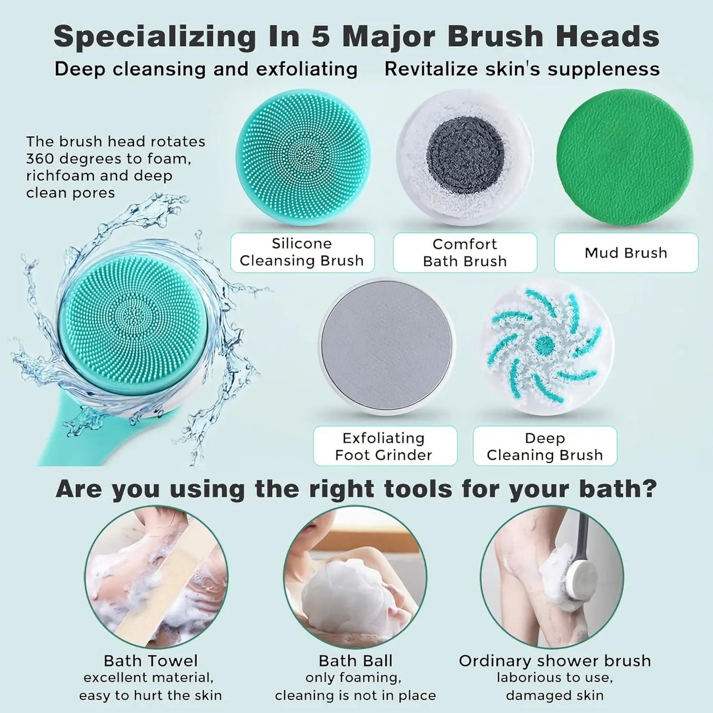 Brosse de bain électrique 5 en 1 IPX7 Épurateur corporel à longue poignée imperméable 3 vitesses Brosse de massage de nettoyage de douche rechargeable à 3 vitesses