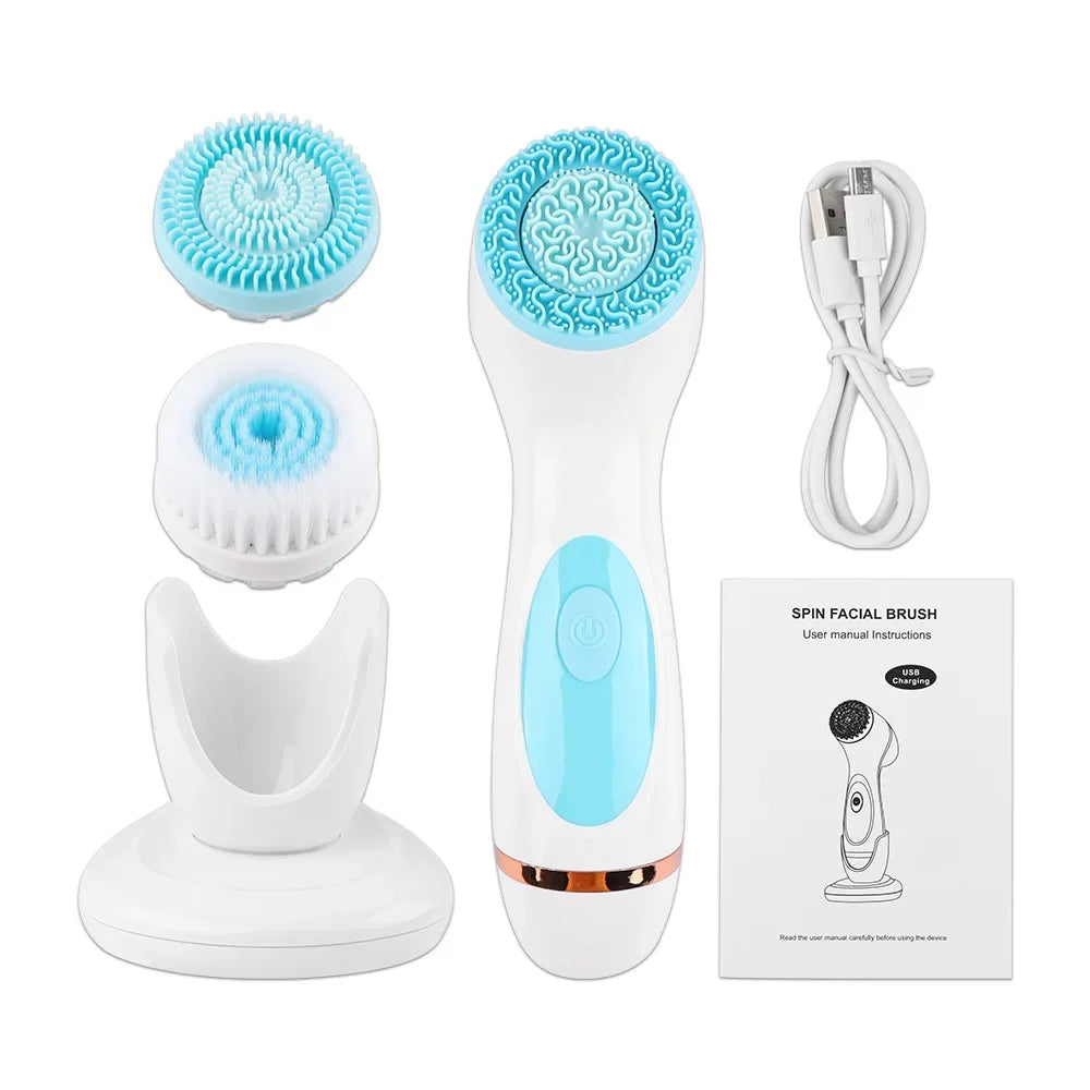 Brosse de nettoyage électrique 3 en 1 Nettoyant pour le visage à ultrasons Masseurs pour le visage Brosse de nettoyage rotative sonique Outil de nettoyage en profondeur pour le visage