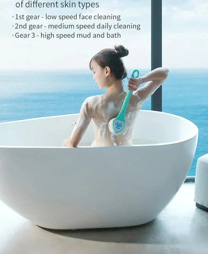 Brosse de bain électrique 5 en 1 IPX7 Épurateur corporel à longue poignée imperméable 3 vitesses Brosse de massage de nettoyage de douche rechargeable à 3 vitesses