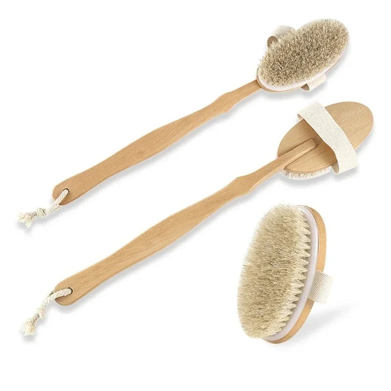 Brosse de douche à laver le dos à poils naturels avec longue poignée en bois détachable Peau sèche Gommage Massage corporel Brosses de bain