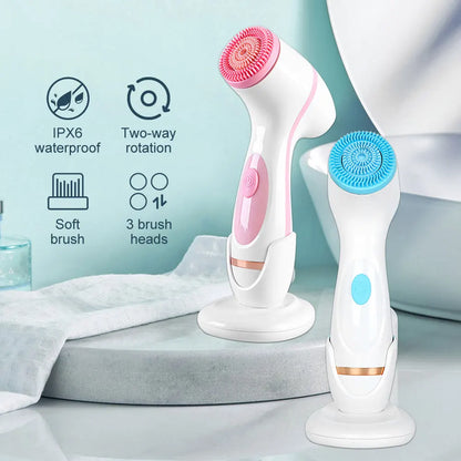 Brosse de nettoyage électrique 3 en 1 Nettoyant pour le visage à ultrasons Masseurs pour le visage Brosse de nettoyage rotative sonique Outil de nettoyage en profondeur pour le visage