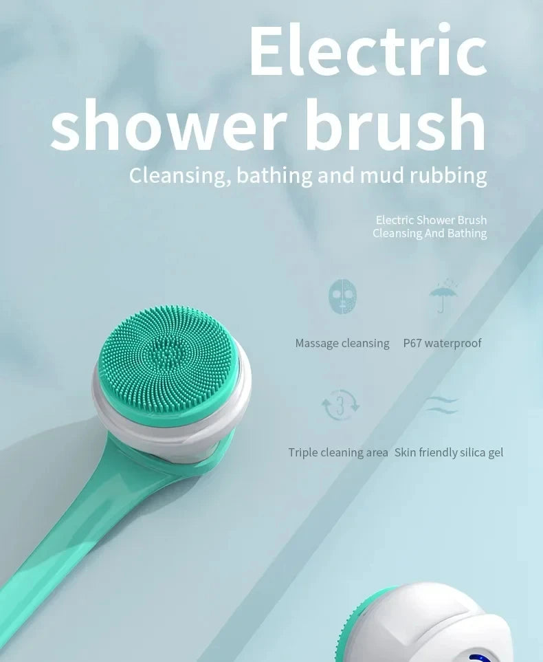 Brosse de bain électrique 5 en 1 IPX7 Épurateur corporel à longue poignée imperméable 3 vitesses Brosse de massage de nettoyage de douche rechargeable à 3 vitesses