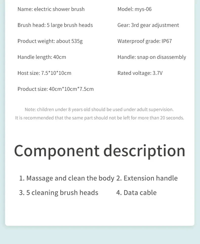 Brosse de bain électrique 5 en 1 IPX7 Épurateur corporel à longue poignée imperméable 3 vitesses Brosse de massage de nettoyage de douche rechargeable à 3 vitesses