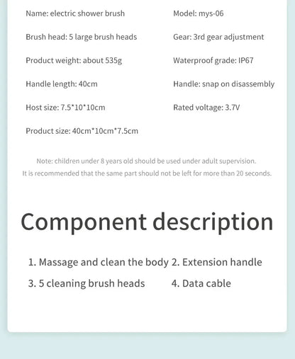 Brosse de bain électrique 5 en 1 IPX7 Épurateur corporel à longue poignée imperméable 3 vitesses Brosse de massage de nettoyage de douche rechargeable à 3 vitesses