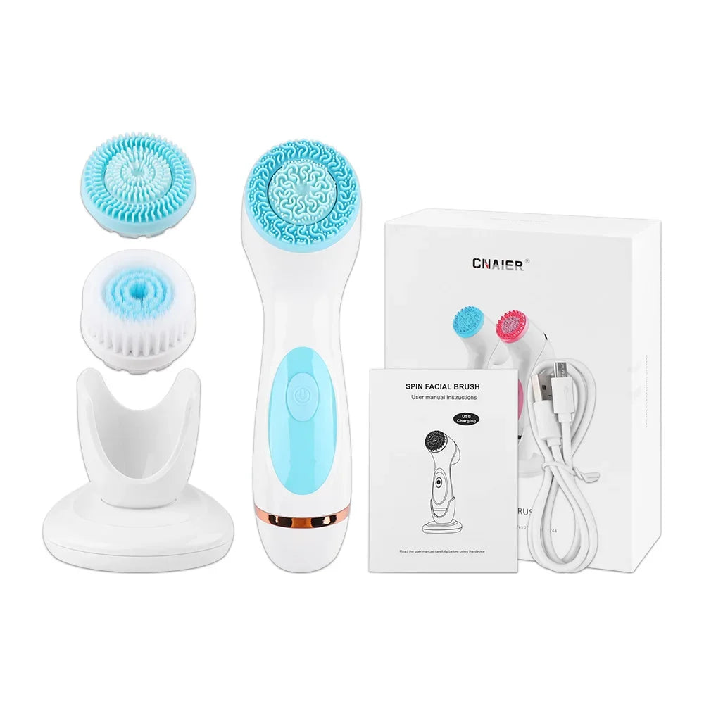 Brosse de nettoyage électrique 3 en 1 Nettoyant pour le visage à ultrasons Masseurs pour le visage Brosse de nettoyage rotative sonique Outil de nettoyage en profondeur pour le visage