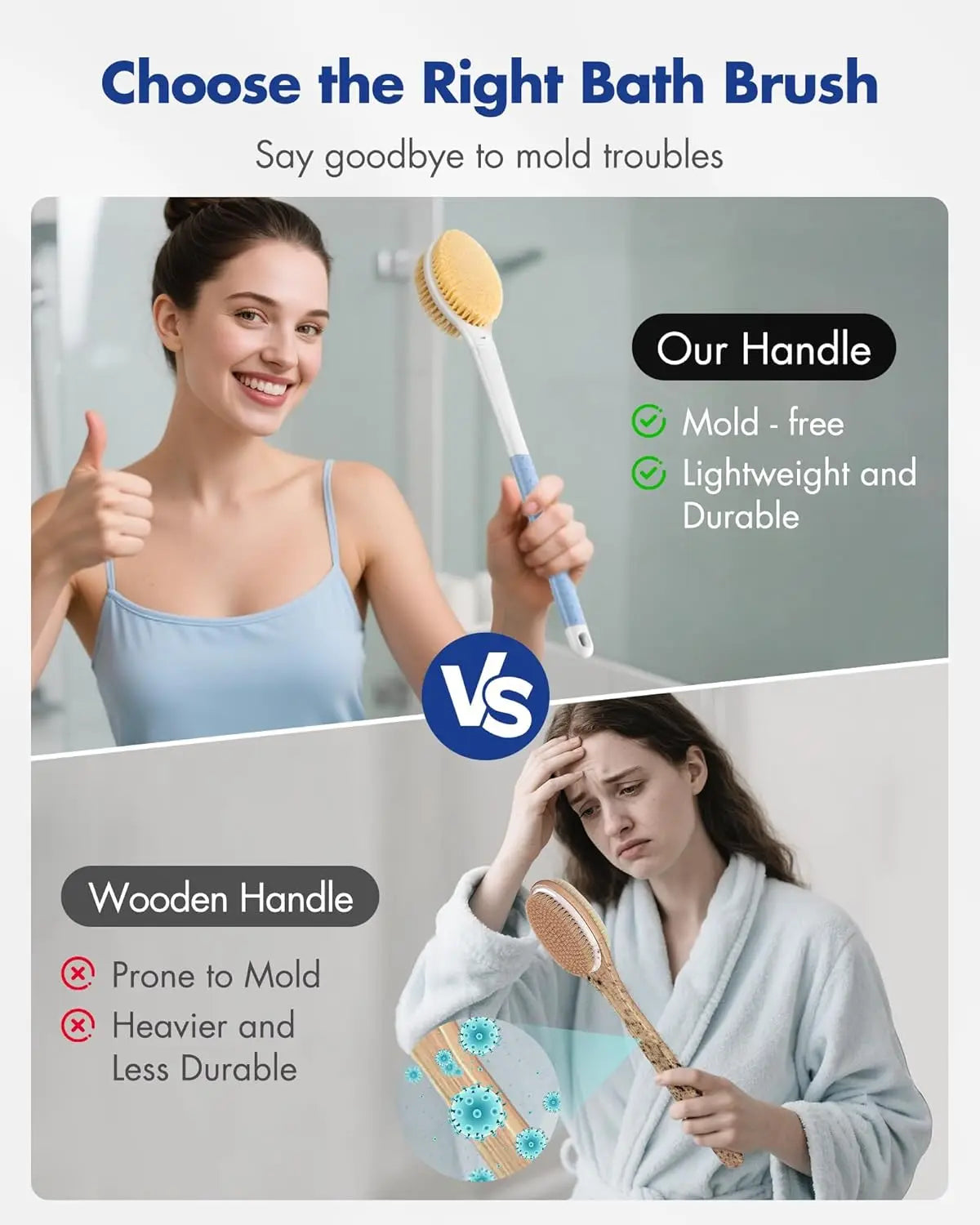 Back Scrubber Body Shower Brus Anti Slip Brosse de bain à longue poignée avec poils doux rigides Douche Exfoliant Brosse humide à sec