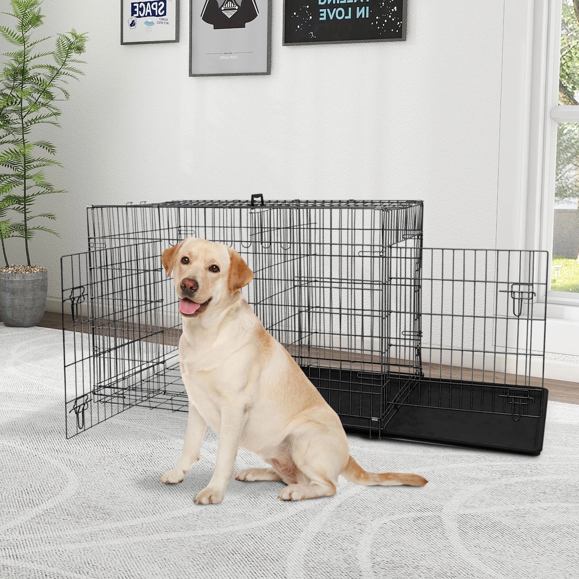 42 Inch Jaula Para Perro, Jaulas Y Perreras Plegables Grandes Para Perros Grandes Con Asa, Jaula Para Perro De Alambre Metálico De Doble Puerta Para Exteriores Con Bandeja De Plástico Para Perros Medianos, Negro